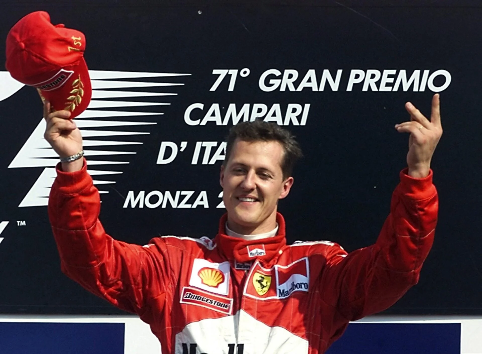 Michael Schumacher celebrates winning the 2000 Italian GP for Ferrari